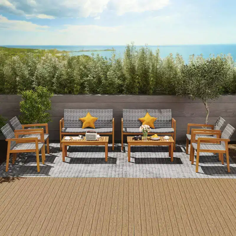 Costway 8 Pieces Outdoor Furniture Set, Acacia Wood Frame Sofa Set with Rattan Seat