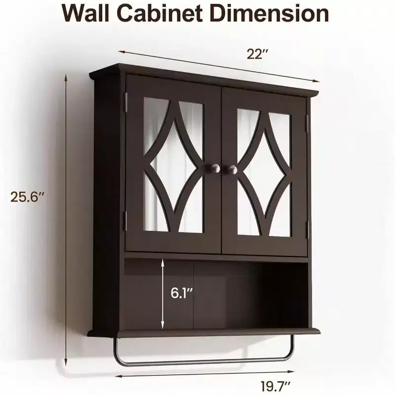 Wall Mounted Bathroom Cabinet Over Toilet with Towel Rack and Adjustable Shelf Large Brown Storage Cabinet 22x25 Inch