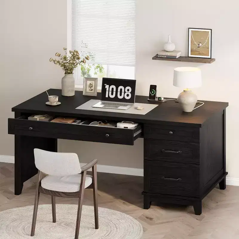53.5 Farmhouse Computer Desk w/ Charging Station & File Cabinet, Rustic Wooden Executive Workstation with Storage Drawers for Home Office