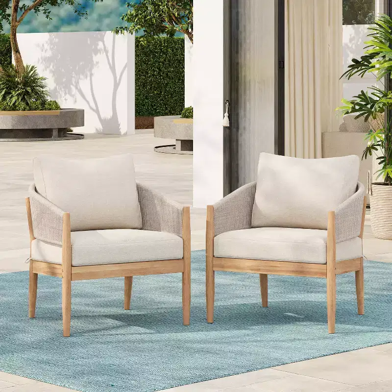 Christopher Knight Home Ryoma Modern Patio Acacia Wood Woven Rope Club Chair with Cushions (Set of 2)