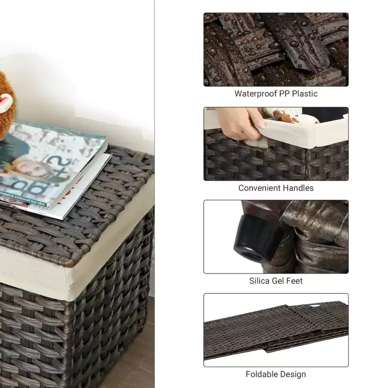 Storage Basket with Lid, 42.3 Gallon (160L) Storage Bin, Woven Blanket Storage Basket with Handles, Foldable, Removable Liner, Metal Frame