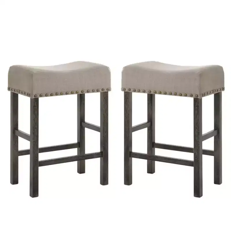Simple Relax Set of 2 Linen Upholstered Counter Height Stools in Tan and Weathered Gray