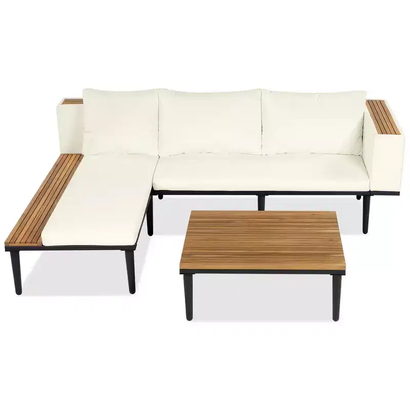 Acacia Wood L-Shaped Outdoor Sofa Set with Coffee Table & Removable Cushions  Patio Furniture for Backyard, Porch