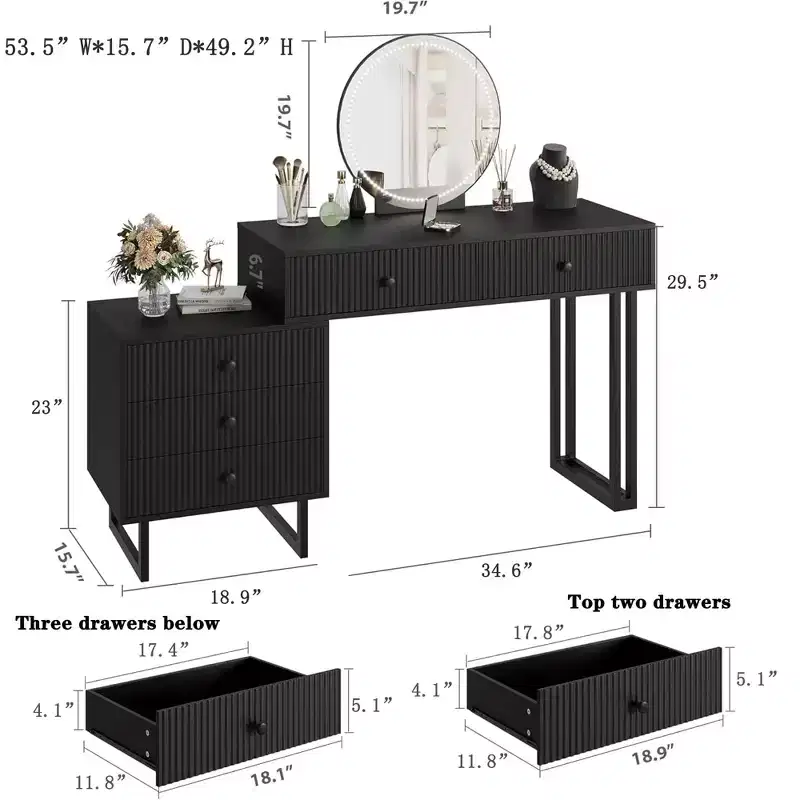 COZONY Vanity Desk with Mirror & Lights, Small Makeup Vanity Table with Drawers, Modern Dressing Table with 3 Color Adjustable Brightness for Bedroom