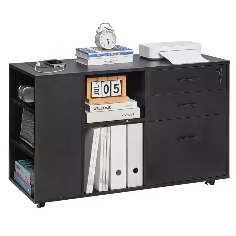 3-Drawer Mobile File Cabinet with Power Strip Lockable Rolling Storage with Shelves Black