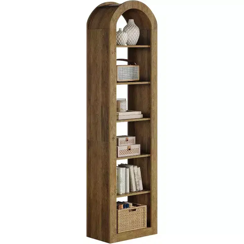 74.8 Tall Arched Bookshelf, 6-Tier Narrow Open Bookcase, Floor Standing Corner Display Shelves for Small Space, Living Room