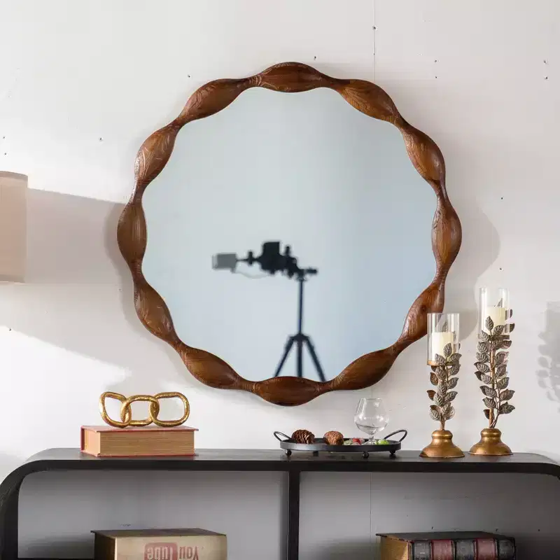 32.28 Round Wall Mirror, Rustic Farmhouse Accent Mirror Wavy Irregular Decorative Mirror, Walnut