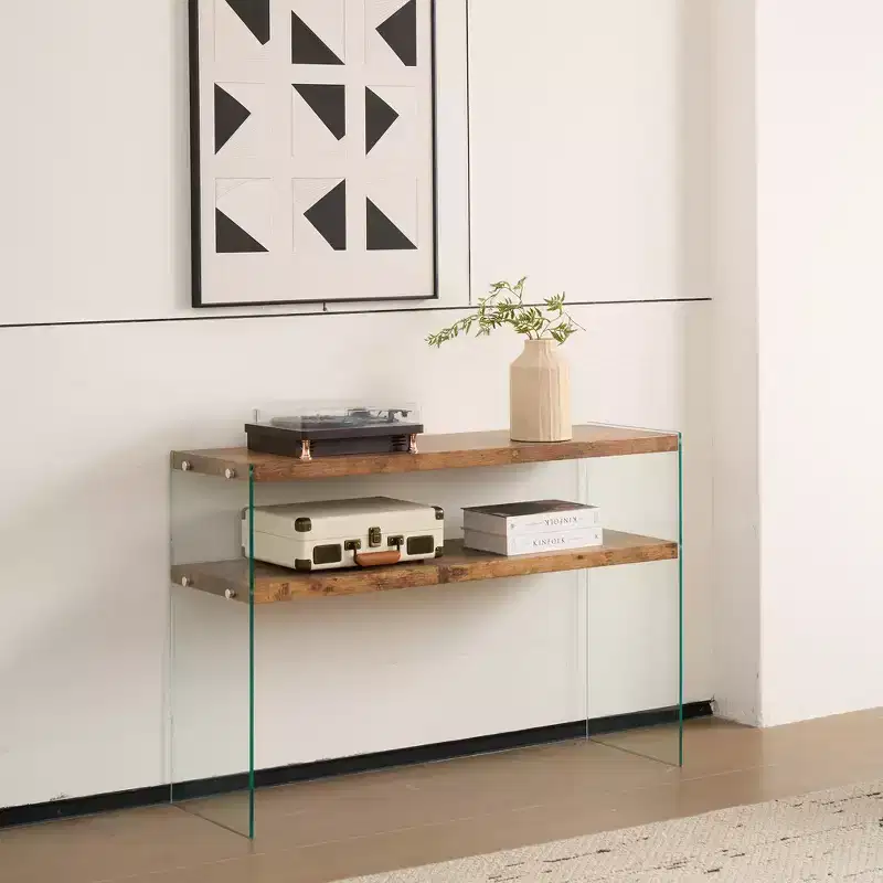 Walnut MDF Console Table with Tempered Glass Top, Modern Entryway Table for Hallway and Living Room