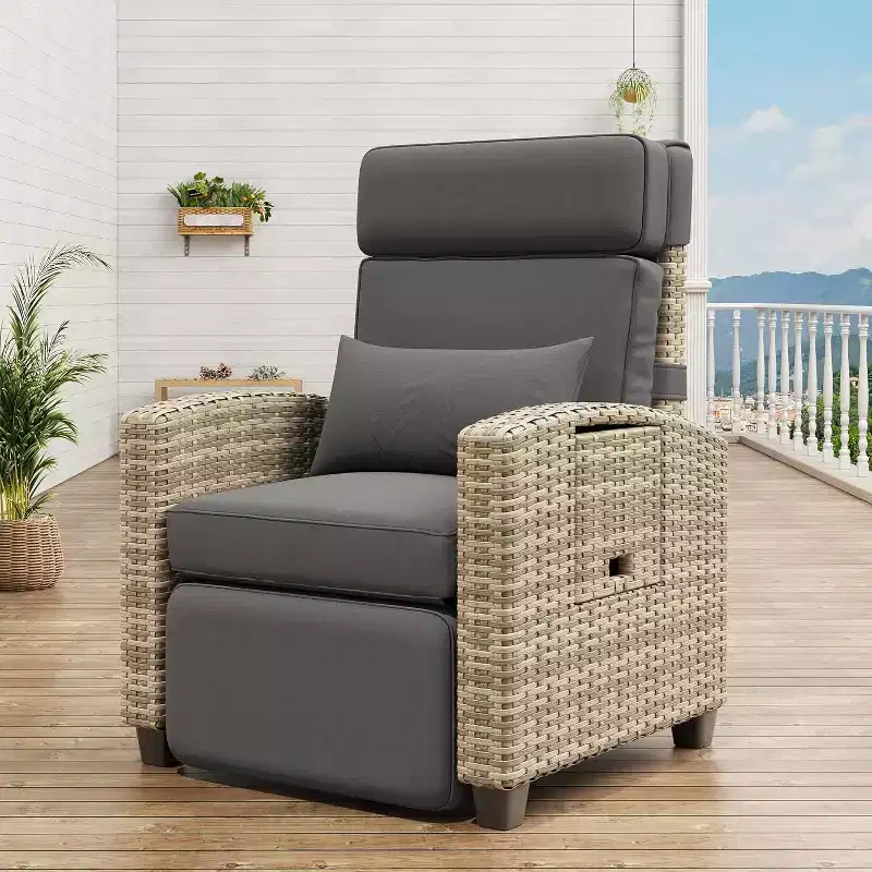 Outdoor Recliner Chair with Adjustable Backrest, Flip-Up Table and Removable Cushion  All-Weather Wicker Lounge Chair for Patio, Pool, Deck