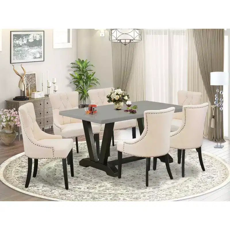 HomeStock 7-Piece Rectangle Natural Oak Finish Solid Wood Top Dining Table with 6-Chairs