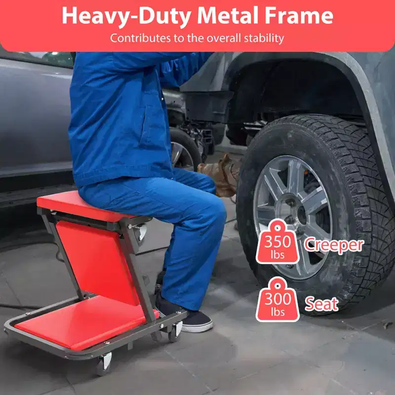 Rolling Folding Z Creeper Seat with 6 Swivel Casters, Heavy Duty Metal Frame Black + Red/Black