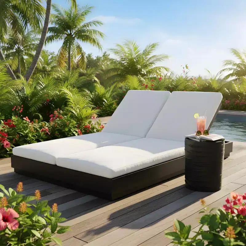Christopher Knight Home Yara Modern Patio Acacia Wood Double Sunlounge with Lightweight Concrete Side Table