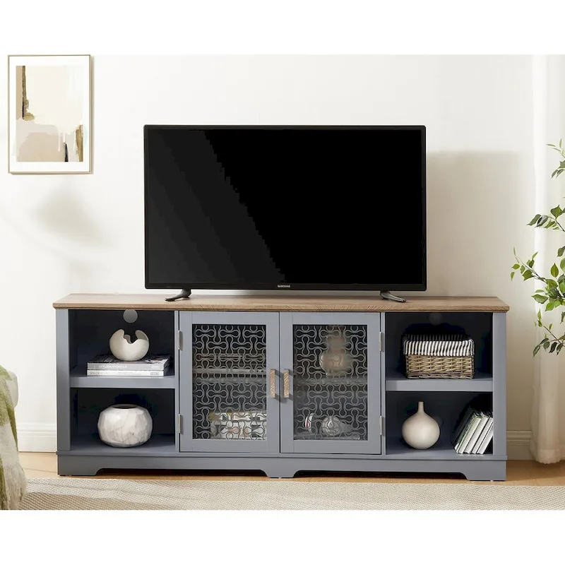 Modern TV Media Stand for TVs up to 80 Inch with Glass Door Cabinets - 70W