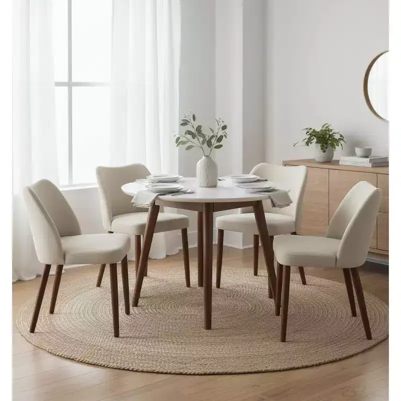 Set of 4 Modern Linen Upholstered Dining Chairs, Armless Kitchen Chairs with Wood Legs, Wing Backrest, Leveling Feet, Space-Saving Design, White