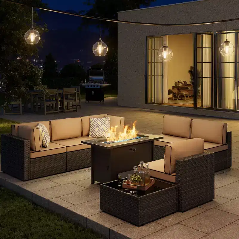 Celebalcony 8-Piece Patio Furniture Set with 45 Fire Pit Table,Outdoor Sectional Conversation Set Wicker Rattan Sofa Set with Coffee Table