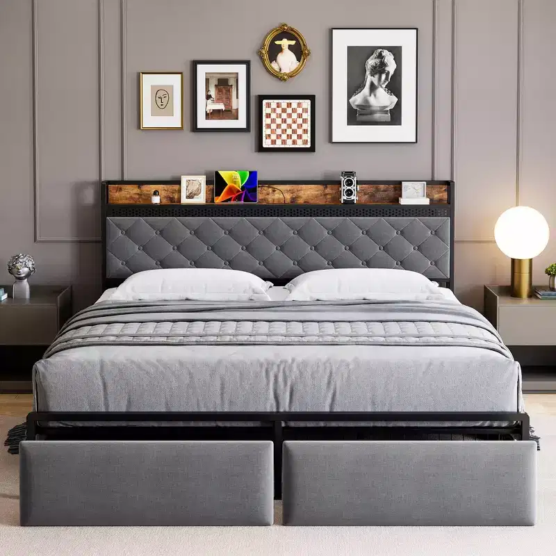 Bed Frame, Storage Headboard and 2 Storage Drawers, Upholstered Platform Bed, Noise Free, No Box Spring Needed, Easy Assembly