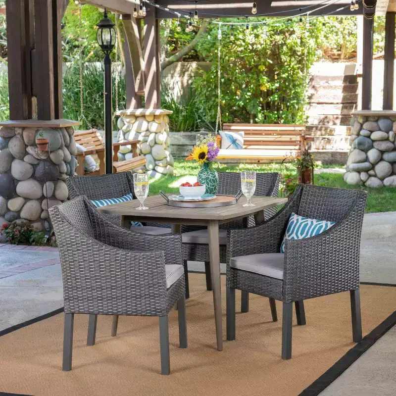 Christopher Knight Home Damas Outdoor Acacia Wood and Wicker 5 Piece Dining Set with Cushion