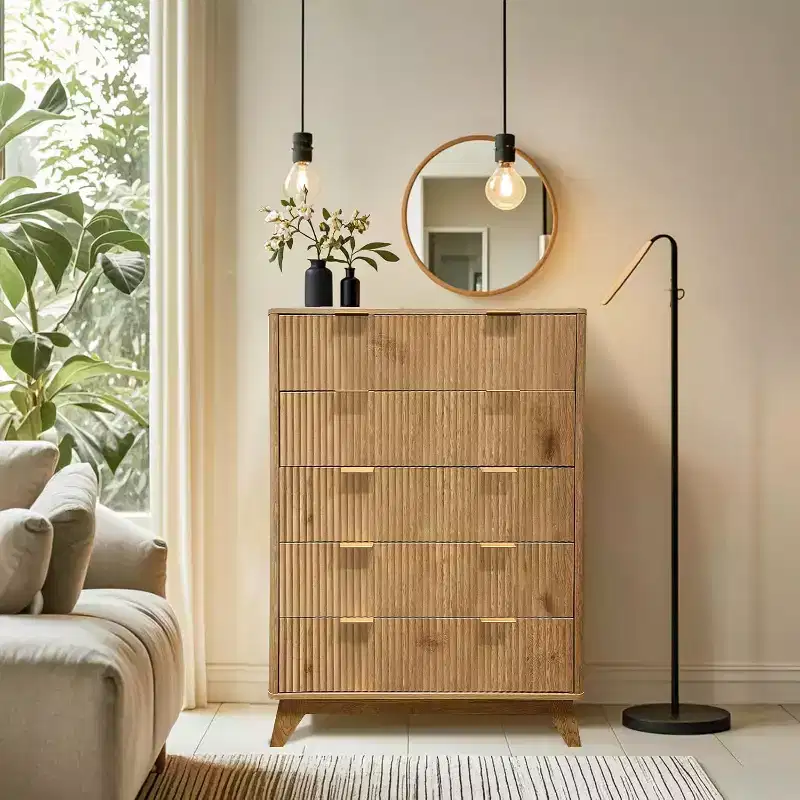 Wood Chest of Drawers, 5 Drawer Waveform Fluted Panel Dresser, Modern Dressers for Storage Drawers Clothes, for Living Room, Kids Bedroom