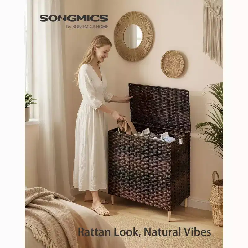 Laundry Hamper with Lid, PE Rattan 3-Section Sorter, 42.2 Gallons, Removable Liners