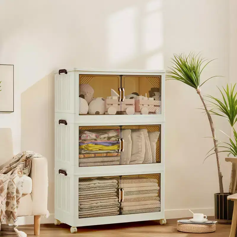 Stackable Storage Bins with Lids, Plastic Storage Drawers with Magnetic Doors and Wheels, Foldable Collapsible Closet Organizers, for Home, Dorm