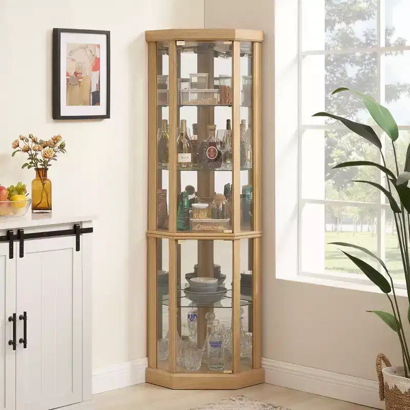 Corner Cabinet, Curio Cabinet with Glass Doors and Shelves, Corner Display Case for Living Room