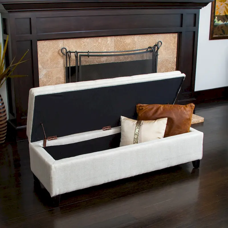 Tufted Linen Storage Bench