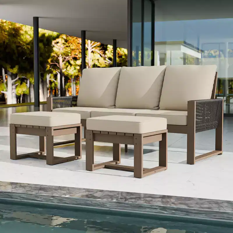 EAGLE PEAK 3 Pieces Natural Cedar Wood Outdoor Patio Furniture, Outdoor Conversation Set with Ottomans