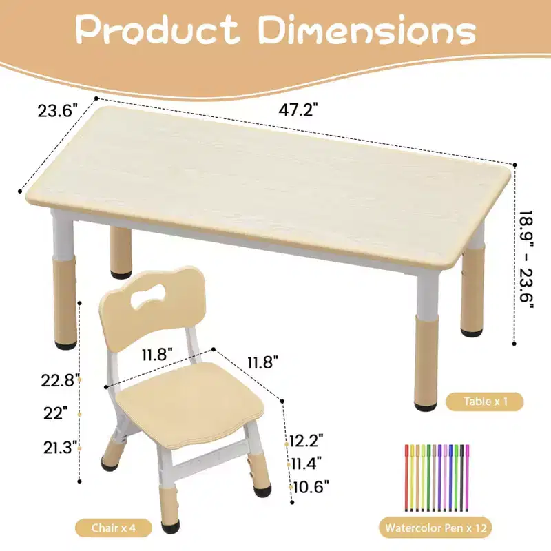 Kids Table and Chair Set, Children Activity Desk w/Easy Wipe Graffiti Desktop & Non-Slip Legs, Height Adjustable Toddler Table & 4 Chairs Set