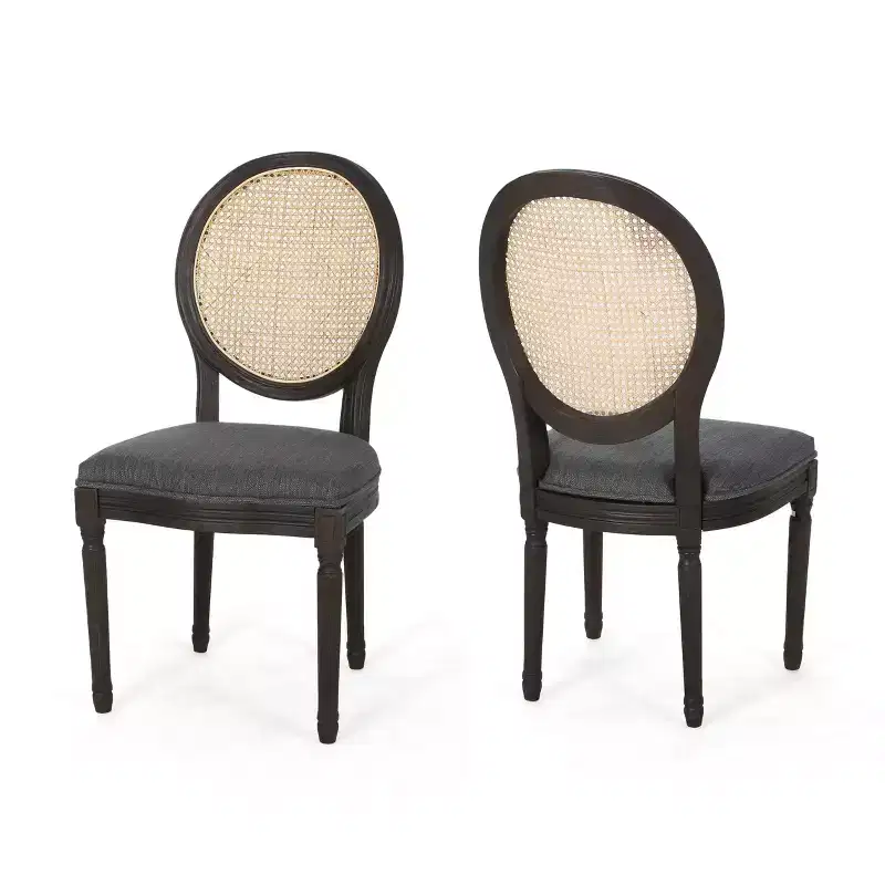 GDFStudio Towner French Country Fabric Upholstered Wood and Cane Dining Chairs (Set of 2)