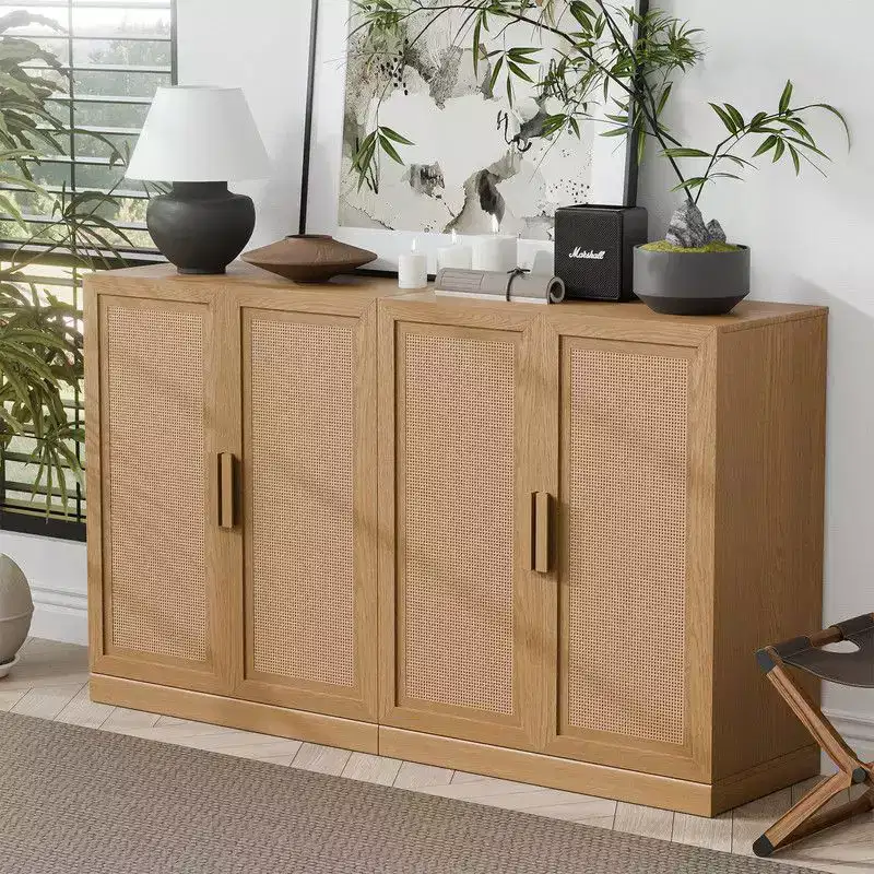 PexFix 62 W x 31 H Modern Sideboard Cabinet with 4-Doors Rattan Panel Buffet Console Accent Storage Cabinet for Hallway Entryway Dining Room Natural