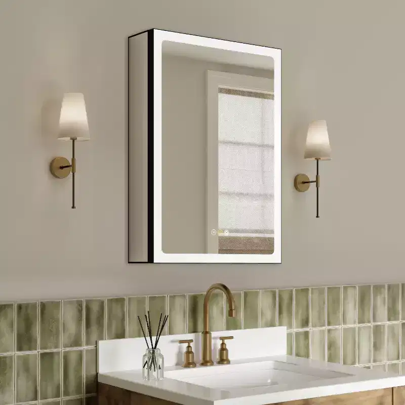 LED Medicine Cabinet with Mirror, Recessed/Wall Mounted Bathroom Cabinet, Dimmable, 3-Mode Light, Anti-Fog, Adjustable Shelves, Black