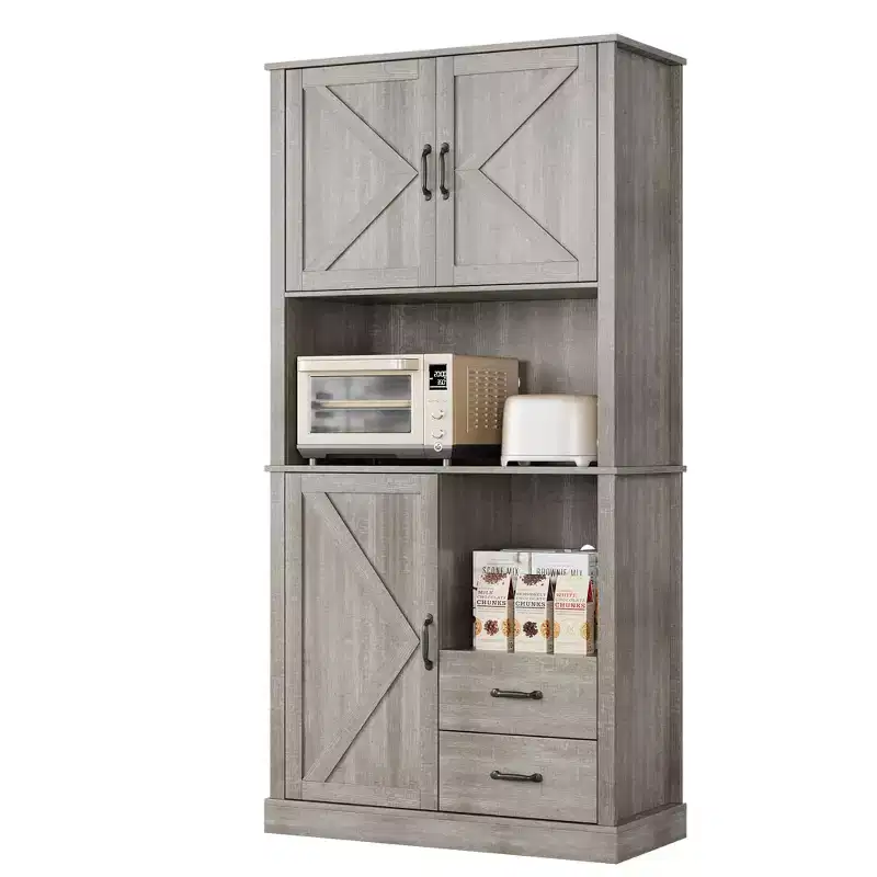 Kitchen Pantry Cabinet with Microwave Stand, Tall Storage Hutch with Drawers for Dining Room and Living Room