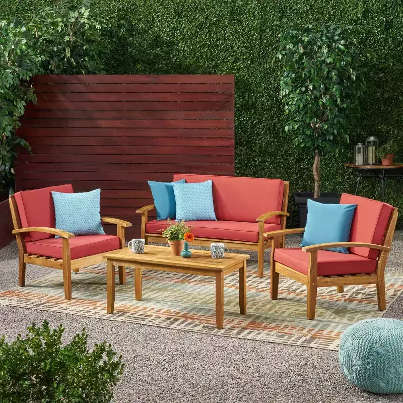 Peyton 4pc Acacia Chat Set - Teak/Red - Christopher Knight Home