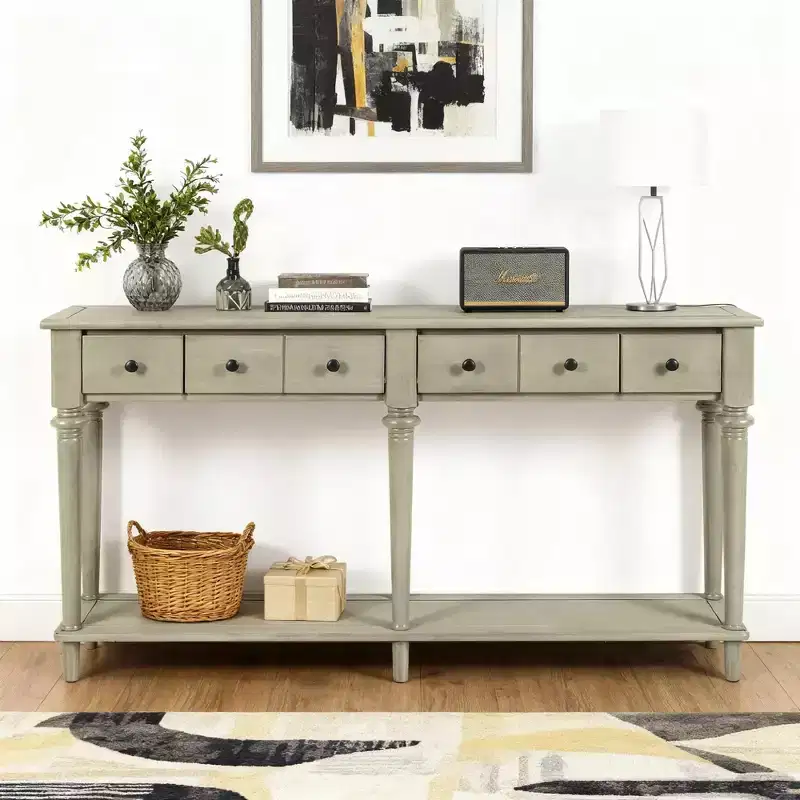 Luxystar Retro Console Table with 4 Drawers, Open Shelf for Entryway and Living Room, Grey Wash