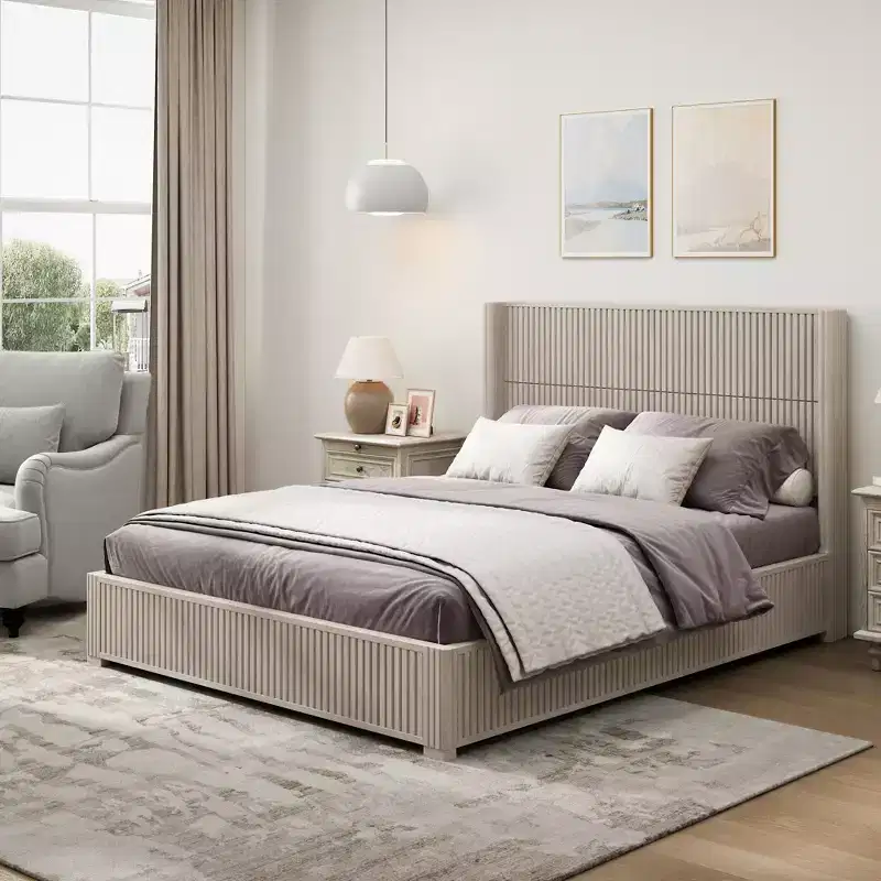 Queen Size Solid Wood Platform Bed Frame with Headboard, No Box Spring Needed and Easy Assembly, Beige