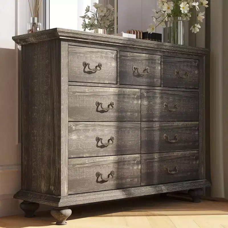 9 Drawers Dresser, Wood Rustic Chest of Drawers with Metal Handles, Storage Organizer for Bedroom, Living Room
