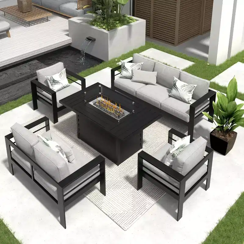 Heynemo Aluminum Patio Furniture Set with Fire Pit Table, 5 Piece Outdoor Furniture with Cushions for Balcony, Front Porch, and Backyard