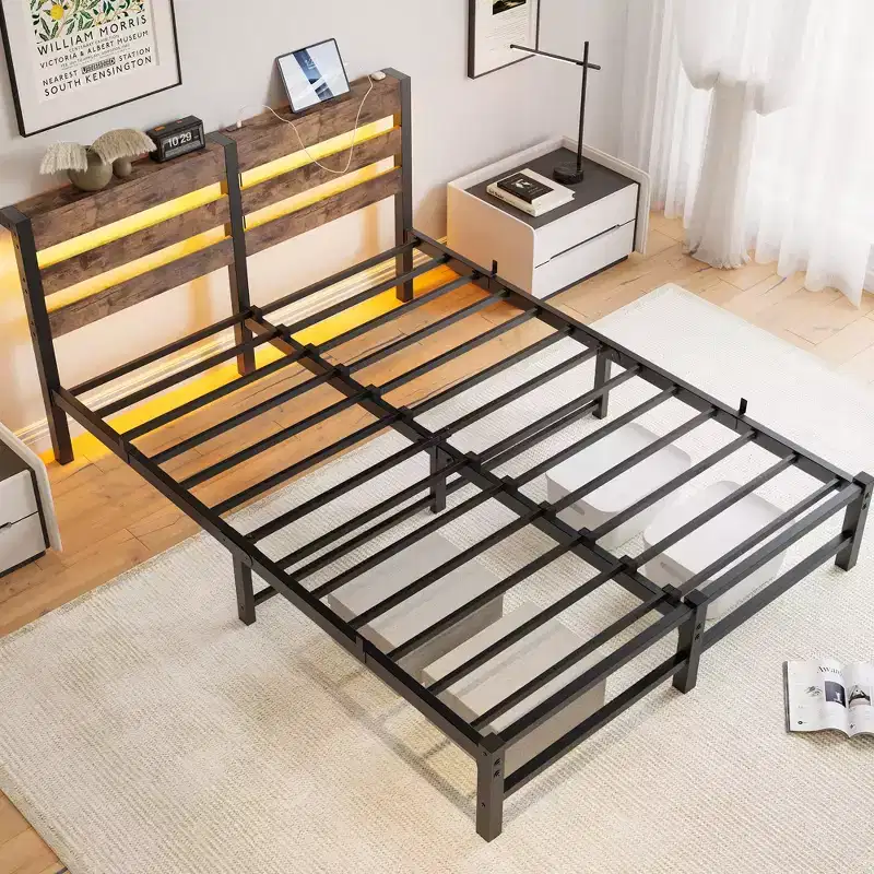MAYEERTY Queen Bed Frame Metal Wooden Headboard Charger Shelf Quiet No Box Spring Rustic Brown