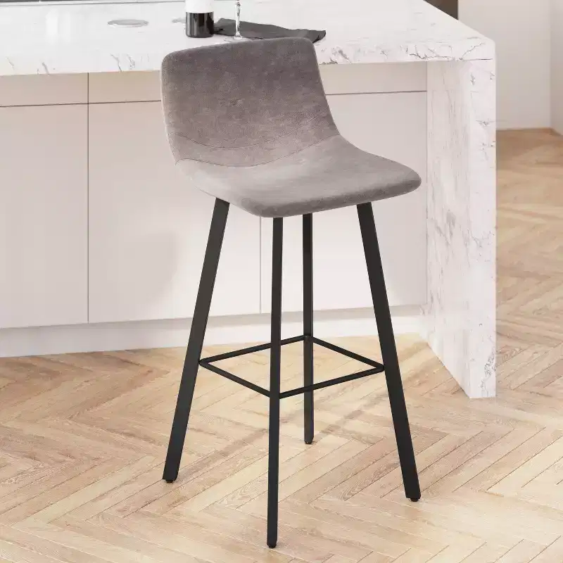Merrick Lane Set of 2 Modern Upholstered Stools with Contoured, Low Back Bucket Seats and Iron Frames