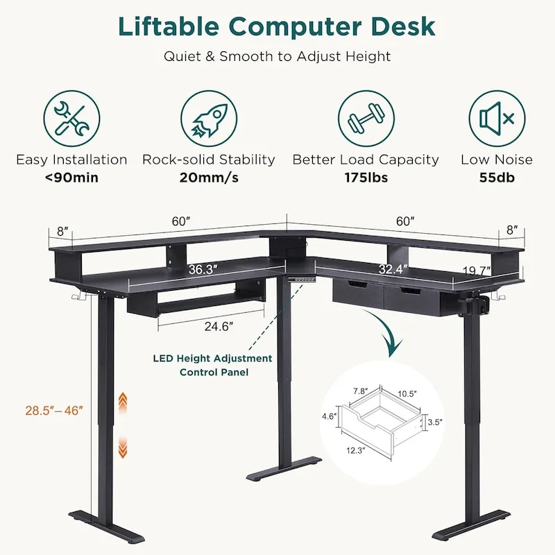 L-Shaped Electric Standing Desk, Height Adjustable, RGB LED, Carbon Fiber Black / Dark Rustic Oak / Antique White, 1-Person