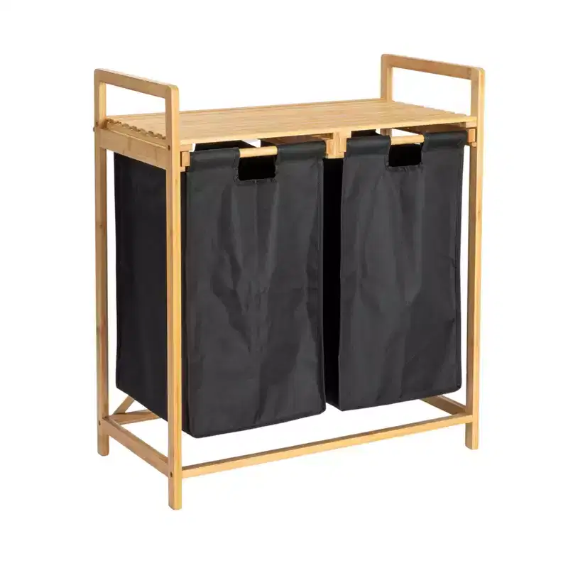 Bamboo Pull Out Double Hamper with Shelf, Natural and Black