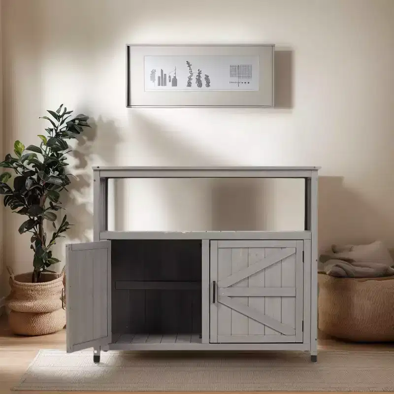 Okak Storage Cabinet with Potting Bench, Kitchen Cabinet with 2 Doors and 2 Shelves, Short Cabinet for Living Room, Dining Room, Kitchen