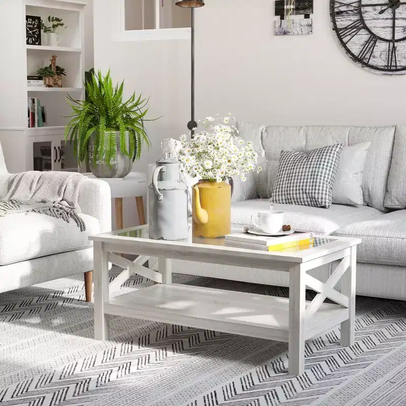 HOMCOM Farmhouse Style Coffee Table with Wood Frame, Tempered Glass Tabletop and Underneath Storage Shelf for Living Room, White Oak