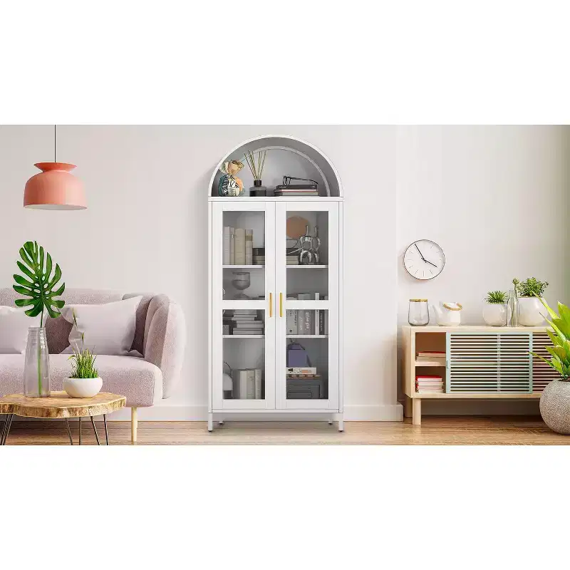 Cold Rolled Steel Furniture - Iron Arch Double Door Cabinet with Glass, 2 Doors, H185 x W78 x D39CM, 0.6MM Thickness, White