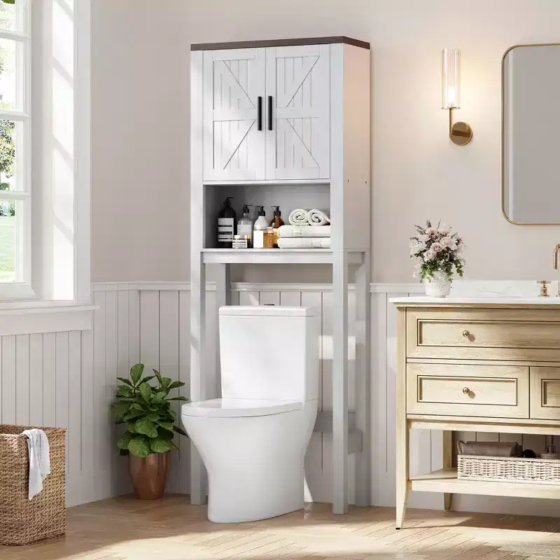 Freestanding Over the Toilet Storage Cabinet 2 Barn Doors Toilet Paper Holder Space-Saving Bathroom Organizer Shelf with Doors Shelve