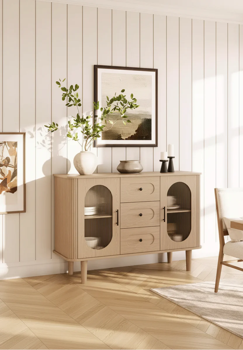 47 Sideboard Buffet Cabinet with 2 Fluted Glass Doors & 3 Drawers, Modern Farmhouse Accent Coffee Bar with Adjustable Shelves