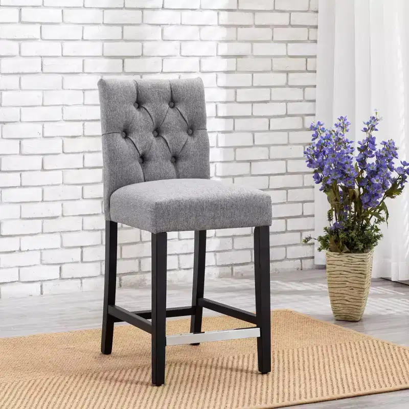 24 Linen Fabric Tufted Counter Stool, Gray