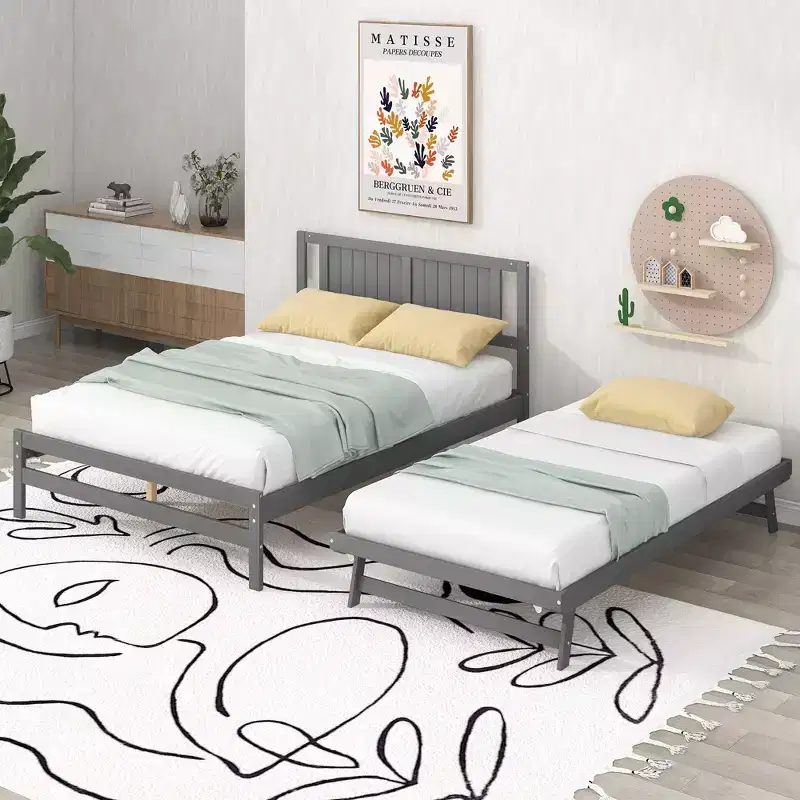 Full Size Platform Bed with Twin Size Adjustable Trundle, Wooden Full Bed Frame with Headboard for Bedromm