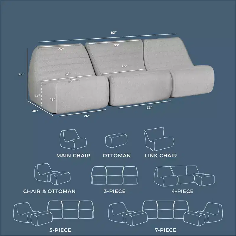 Big Joe Solvana Outdoor Patio Furniture Set, Performance Linen Weather-Resistant Fabric Sofa, 3 Piece Sectional, Port Gray
