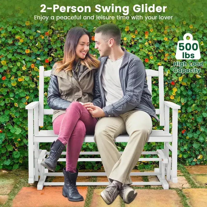 Costway Patio Glider Loveseat Chair Swing Rocking Bench with Slatted Seat & Curved Backrest White/Natural/Gray